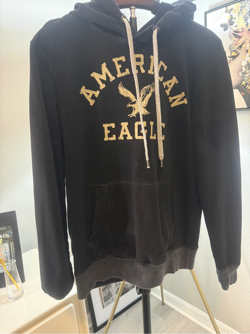 American Eagle Outfitters Black Hoodie with Cream Logo and Drawstrings